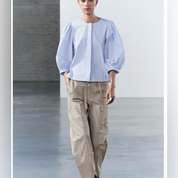 Zara Tops - Zara Cotton Puff Sleeve Blouse Blue Stripe Small